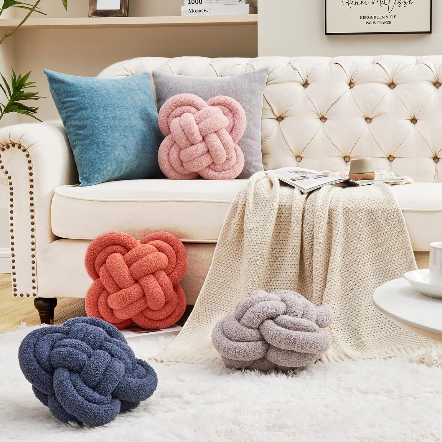 Xiashrk Knot Pillow Ball, 12" Soft Decorative Throw Pillows for Couch Bed, Gray Pink Knotted Plush Throw Pillow Handmade Square Cushion Home Couch Decor Pillows for Living Room