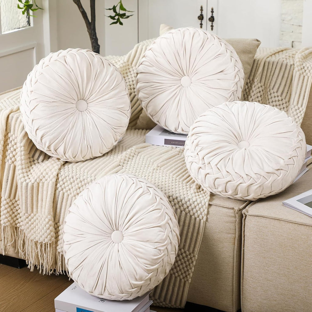 4 Pcs Round Throw Pillows 15 Inch Decorative Velvet Pleated Pumpkin Floor Boho Pillows for Living Room Couch Chair Bed Sofa (White)