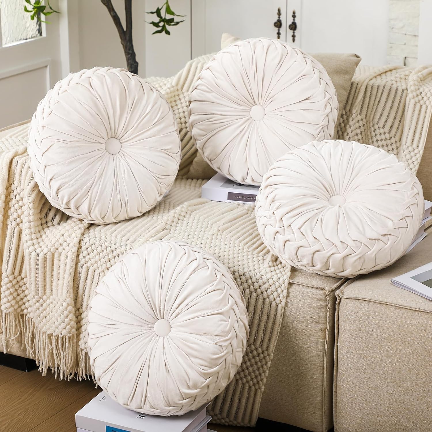 4 Pcs Round Throw Pillows 15 Inch Decorative Velvet Pleated Pumpkin Floor Boho Pillows for Living Room Couch Chair Bed Sofa (White)