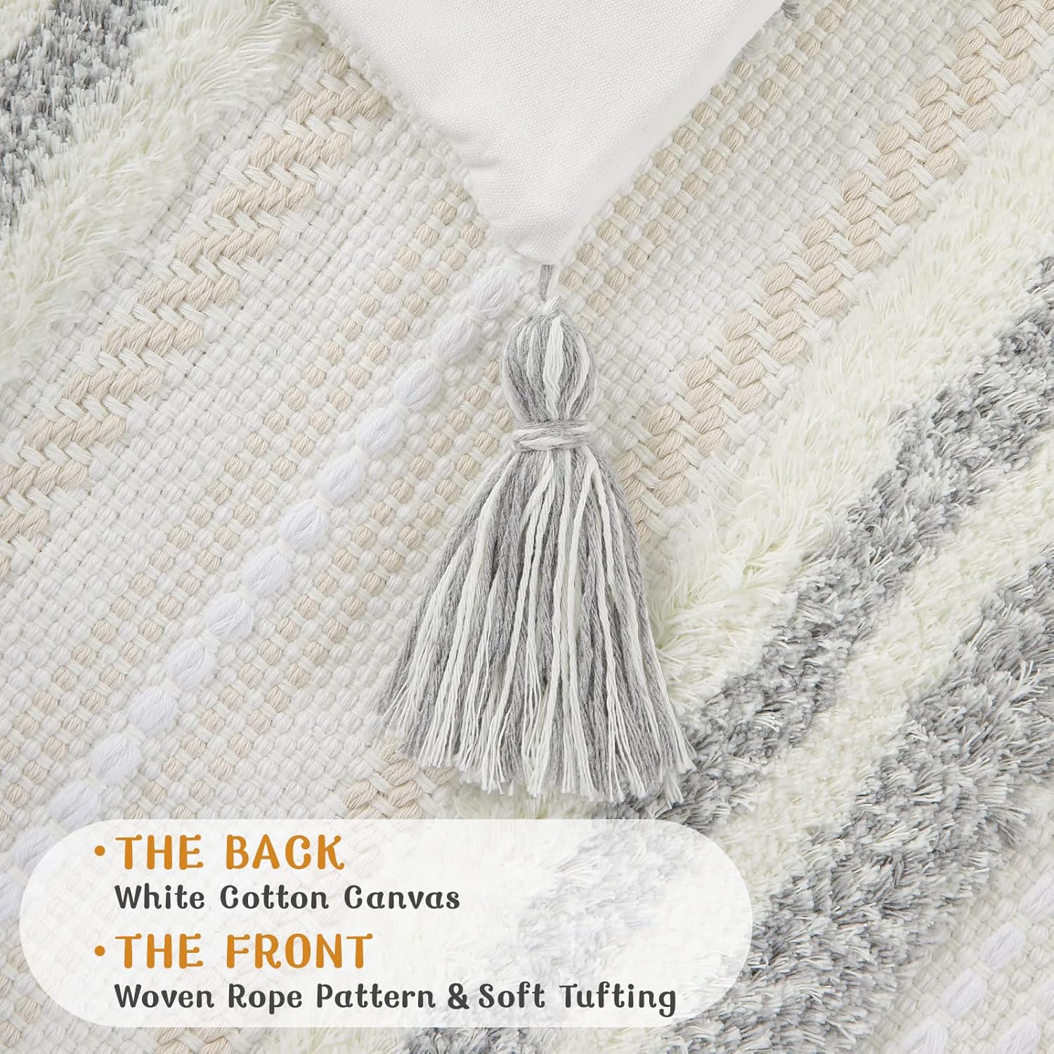 decorUhome Decorative Boho Throw Pillow Covers 18x18 Set of 2, Accent Neutral Textured Tufted Pillow Covers Striped for Couch Bed Sofa Living Room, Light Grey and Cream White