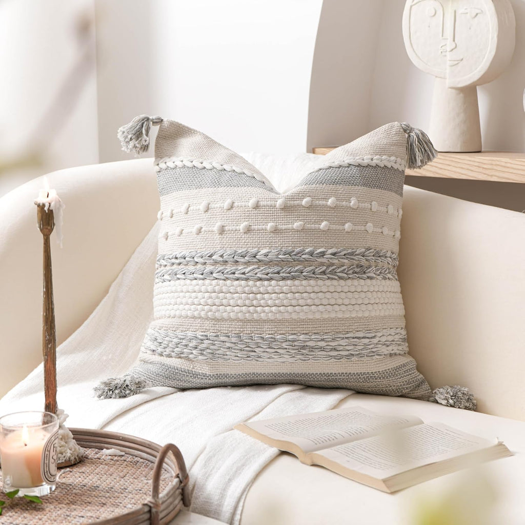 BlissBlush Gray Boho Decorative Throw Pillow Cover 20x20 Square Farmhouse Accent Cushion for Couch Sofa Livingroom Bedroom Pillowcase Modern Home Décor (Pack of 1)