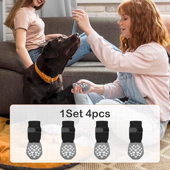 Non-Slip Dog Socks Prevent Licking Paws,Grippy Socks for Senior Dog Walk on Hardwood Floor,Paw Protectors,Black 2 Pairs,L
