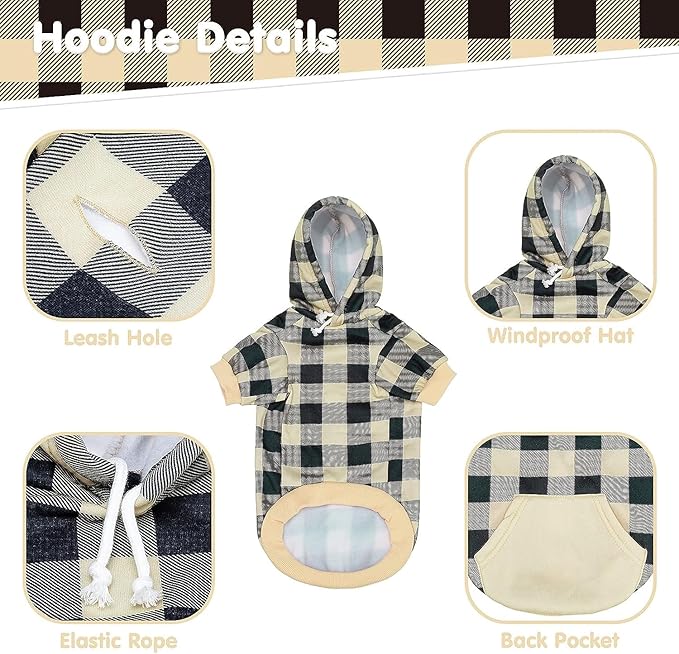 KOOLTAIL Plaid Dog Hoodie Pet Clothes Sweater with Hat and Pocket for Small Medium Large Size Dogs, Soft Winter Warm Dog Cold Weather Coat, Fleece Fall Dog Hooded Sweatshirt for Puppy Cats, Beige XXL