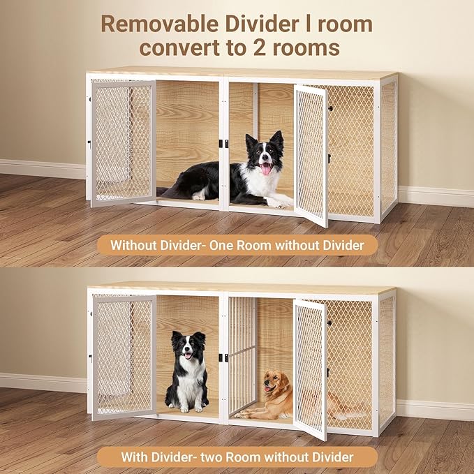 71.6 Inch Dog Crate Furniture for 2 Dogs, XXL Double Cage with Removable Divider & Large Doors, Heavy Duty Wooden Dog Kennel, Indoor Pet House (Light Oak, 71.6x31.9x22.4'')