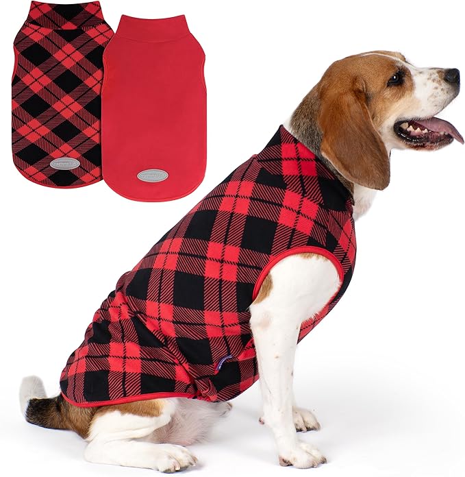 cyeollo 2 Pack Small Dog Sweater, Soft Stretchy Fleece Vest with Reflective Stripe Pullover Sweatshirt Dog Jacket Pet Clothes in Cold Weather Sweaters for Small Dogs Cats, Red & Buffalo Plaid M