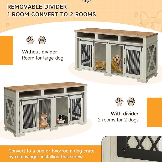 71" Dog Crate Furniture for 2 Dogs, Dog Kennel with 3 Storage Drawers & Removable Divider, Extra Large Double Dog Cage As TV Stand, Furniture Style Dog Crates with Sliding Barn Door, Light Oak/White