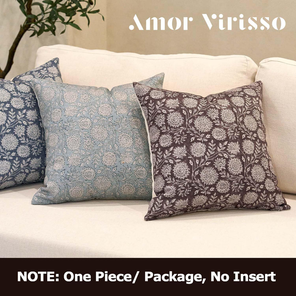 Amor Virisso Floral Pillow Covers 18x18 Throw Pillow Covers Vintage Block Print Pillow Cover Neutral Couch Pillows for Living Room Farmhouse Decorative Accent Sofa Pillows, Dark Brown