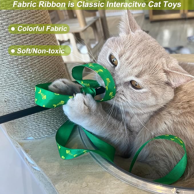 Interactive Cat Toy Wand with Crinkle, Cat Teaser Wand Rainbow String for Bored Indoor Adult Cats and Kittens (6 Pack)