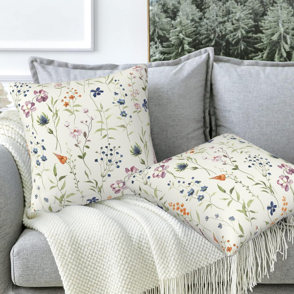Throw Pillow Covers Spring Summer Floral Pillow Covers 16x16 Inch Set of 2 Watercolor Flowers Throw Pillows Decorative Pillow Cases Cushion Covers for Bedroom Livingroom Sofa Farm House