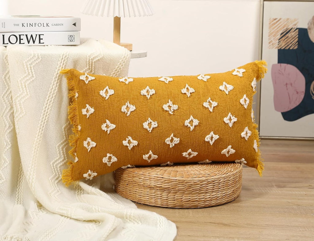 Boho Long Lumbar Pillow Cover 16x24 with Tassel,3D Flower Patterned Cotton Decorative Long Lumbar Pillow Cover Pillow Case for Sofa Couch Bed Livingroom Farmhouse,Yellow