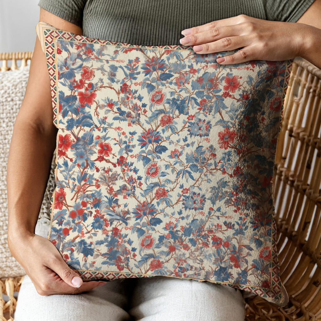 Bohemian Pillow Covers | Vintage Floral & Carpet Design | Double Sided Blue White Decorative Pillowcases for Couch, Bed | Indoor Outdoor Boho Home Decor (Beige, 18x18inches)