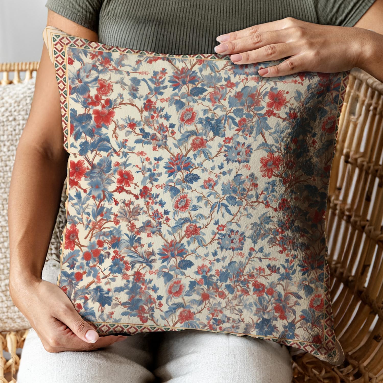 Bohemian Pillow Covers | Vintage Floral & Carpet Design | Double Sided Blue White Decorative Pillowcases for Couch, Bed | Indoor Outdoor Boho Home Decor (Beige, 18x18inches)