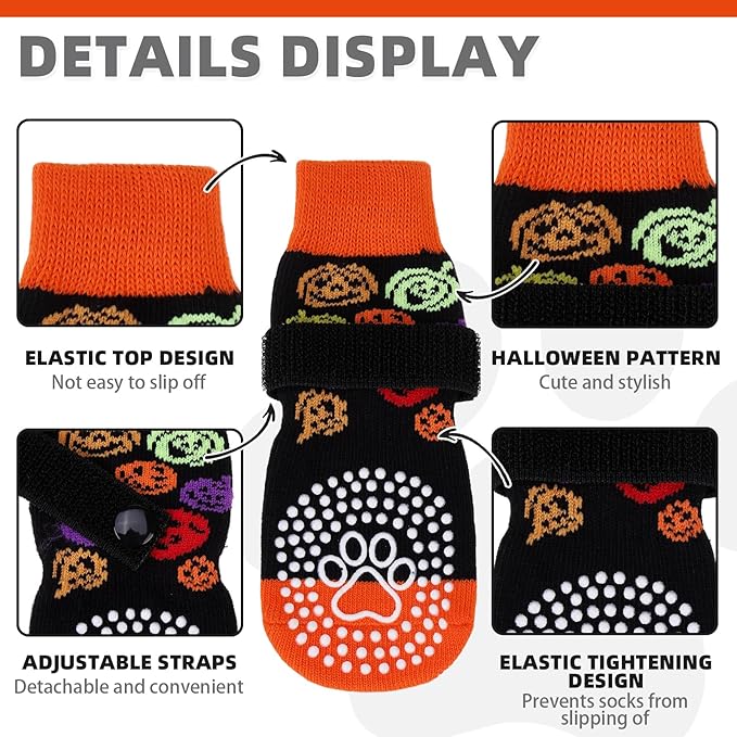 KOOLTAIL Anti Slip Halloween Dog Socks to Prevent Licking Paws, Dog Costume Boots&Paw Protector with Grippers for Hardwood Floors, Traction Control No Twist Booties for Small Medium Large Dogs, M