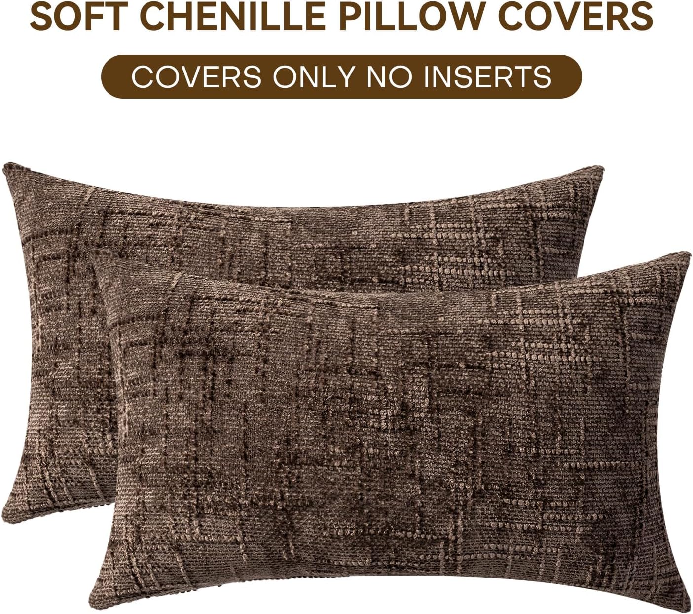 Decorative Throw Pillow Covers 12x20 Inch Set of 2, Soft Solid Farmhouse Chenille Couch Pillows, Spring Pillow Covers for Couch Sofa Bed Living Room Home Decor Pillowcase, Brown