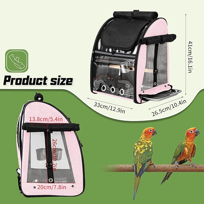 Sanmoncare Bird Carrier Backpack with Stainless Steel Mesh, Parrot Travel Cage with Stand, Easy to Clean, Portable Conures Travel Bag, Pet Breathable Travel Cage