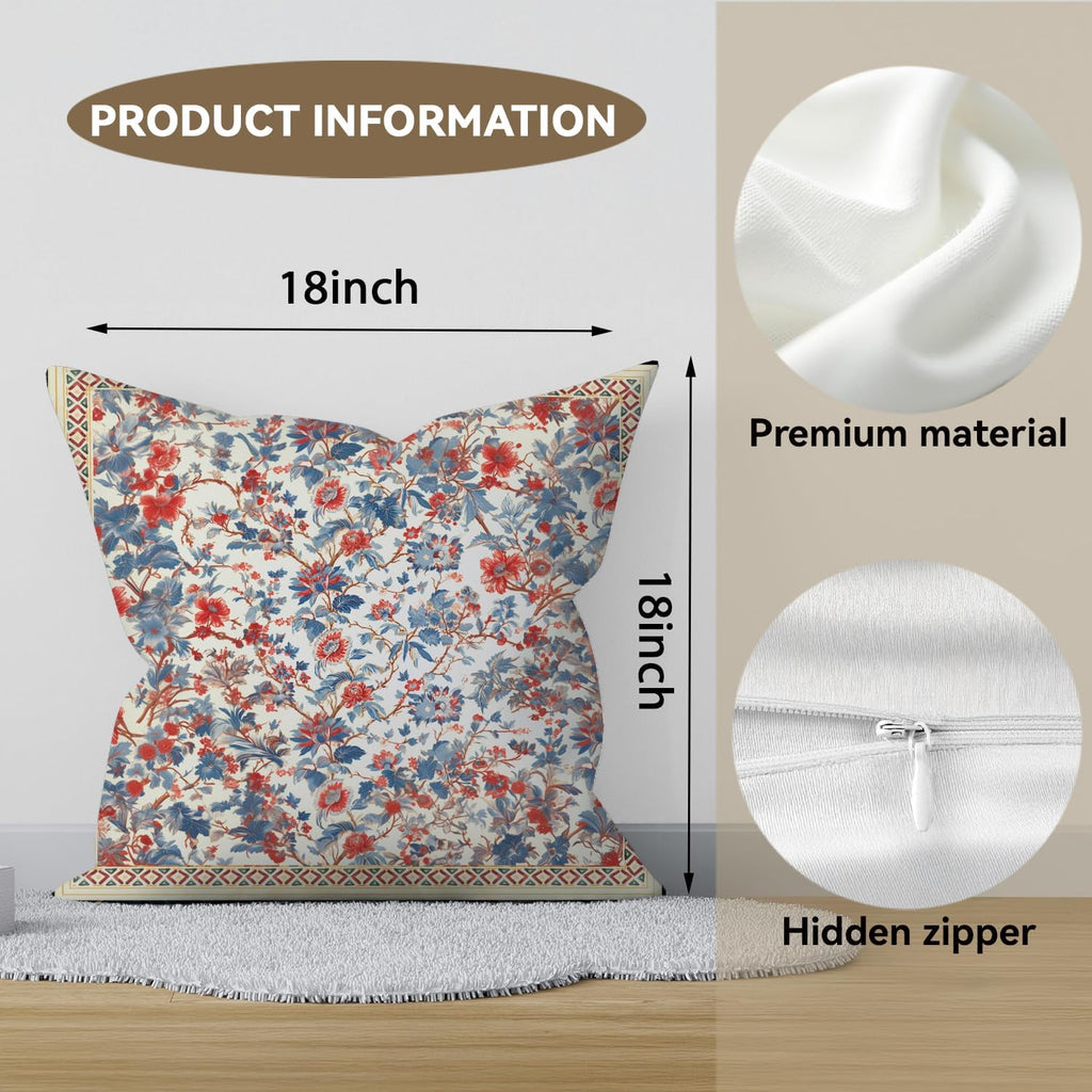 Bohemian Pillow Covers | Vintage Floral & Carpet Design | Double Sided Blue White Decorative Pillowcases for Couch, Bed | Indoor Outdoor Boho Home Decor (Beige, 18x18inches)