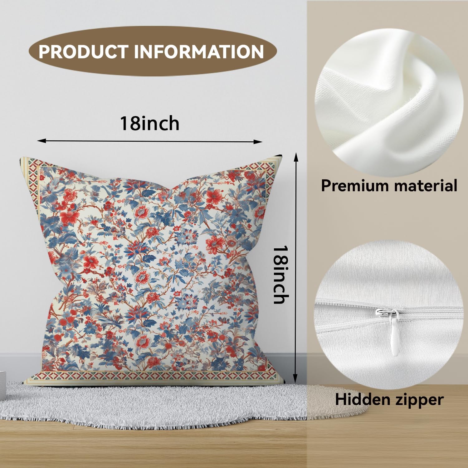 Bohemian Pillow Covers | Vintage Floral & Carpet Design | Double Sided Blue White Decorative Pillowcases for Couch, Bed | Indoor Outdoor Boho Home Decor (Beige, 18x18inches)