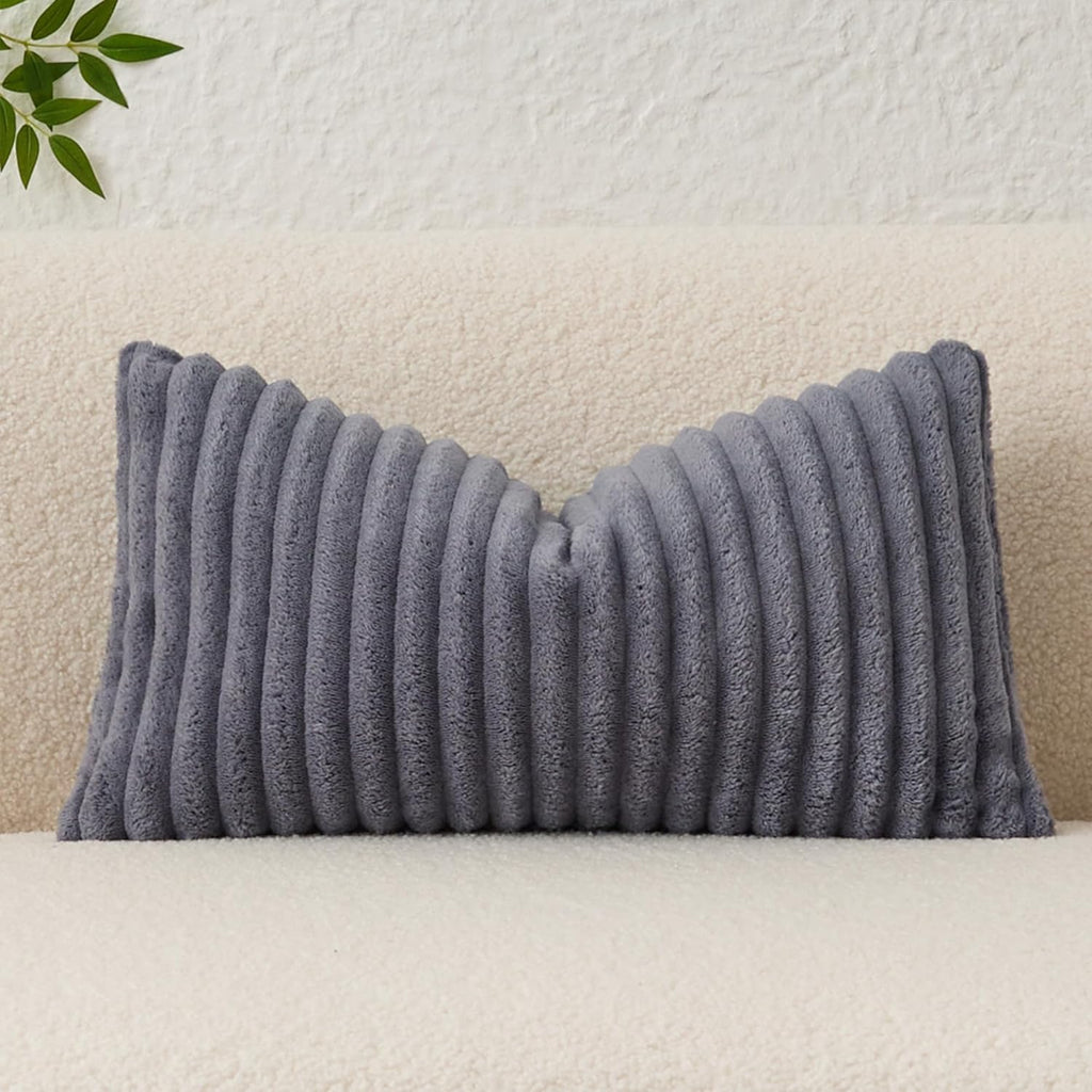Kevin Textile Soft Plush 12x24 Inch Lumbar Pillow Cover 1 Pack, Luxury Fluffy Faux Fur Striped Flannel Rectangle Cushion Case for Couch Sofa Chair Bed Home Decor, Dark Grey