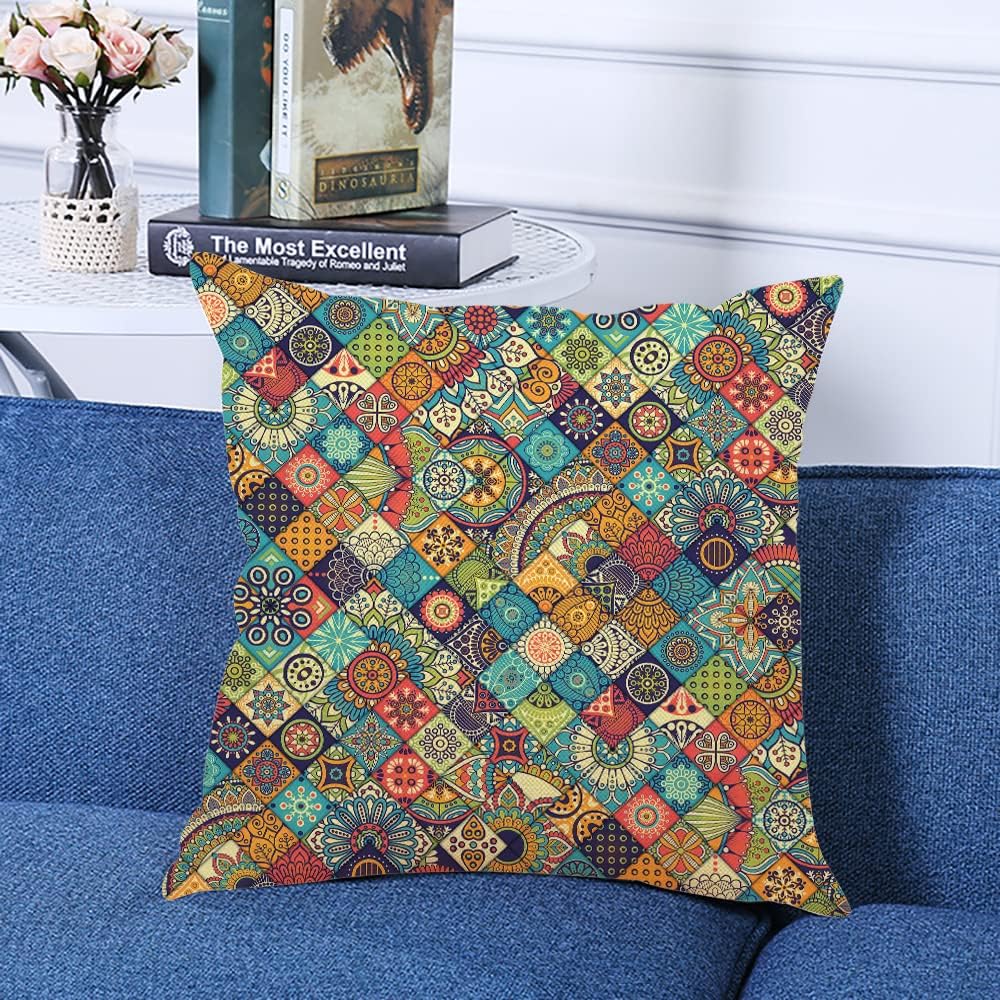 Decorative Square Throw Pillow Covers Geometric Pattern with Ornamental Floral Folk Art Abstract Couch Sofa Bed Pillow Covers Cushion Cases 18x18 inch
