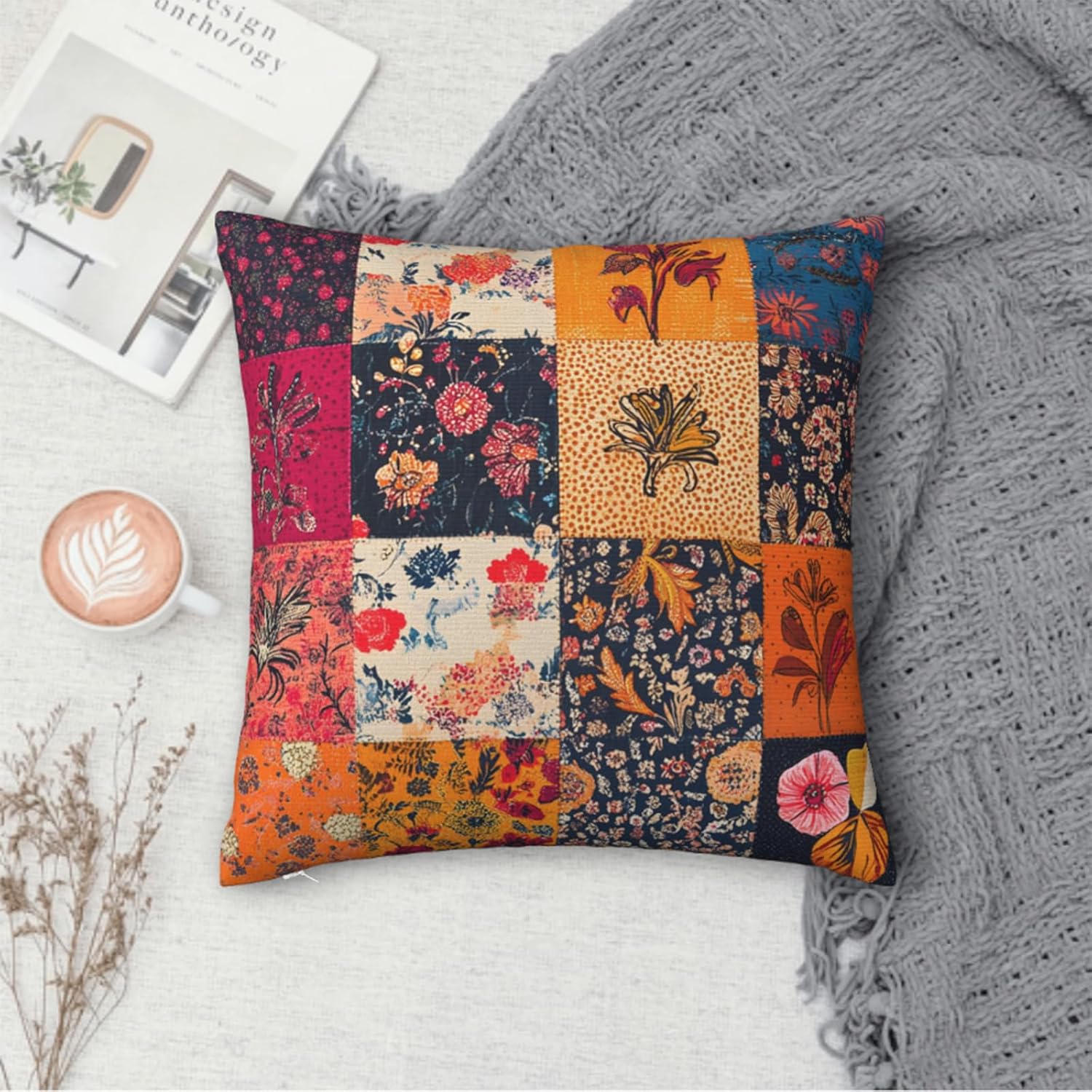 Throw Pillow Covers 18x18 Set of 2, Patchwork Cushion Covers, Decorative Square Pillowcases for Couch, Bedroom, Living Room