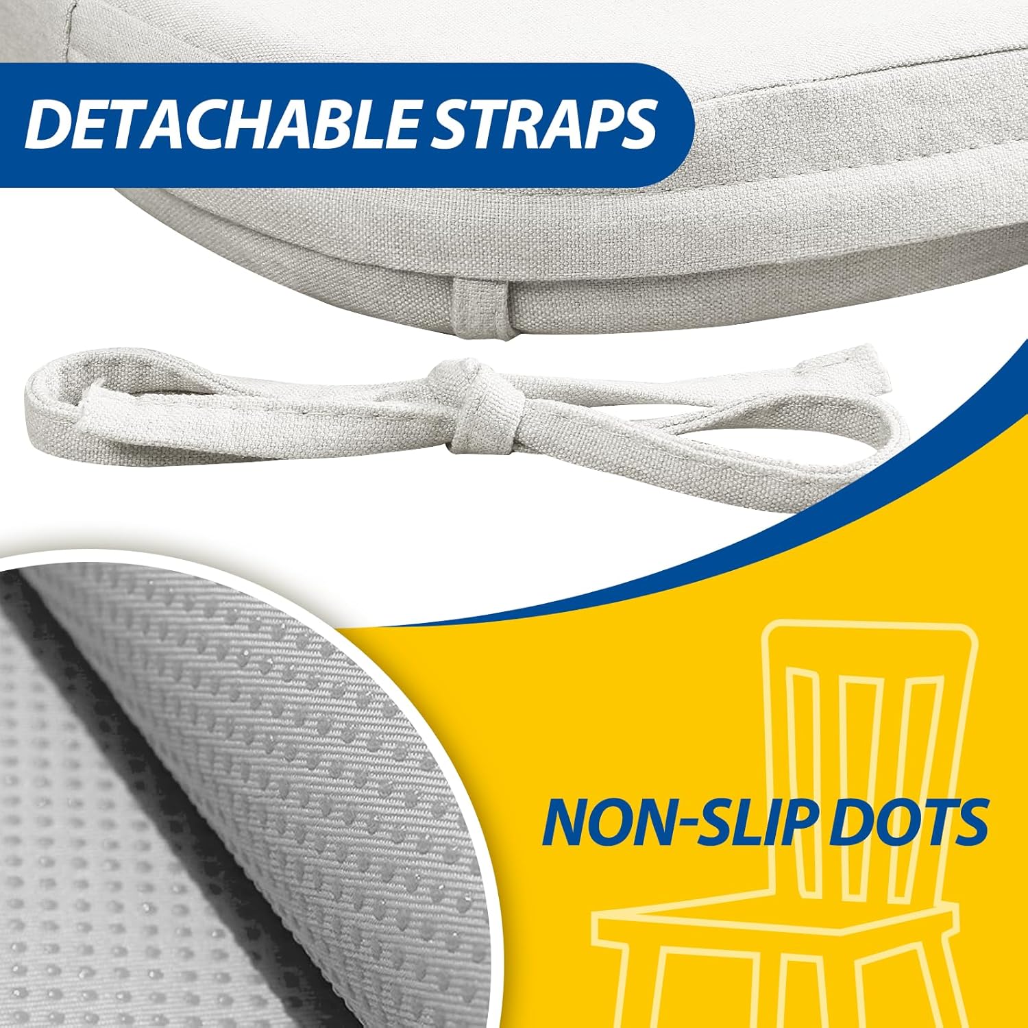 AAAAAcessories D-Shaped Chair Cushions, 2" Thick Dining Chair Pads with Ties and Removable, Machine-Washable Cover, 17" x 16", Set of 2, Natural Linen