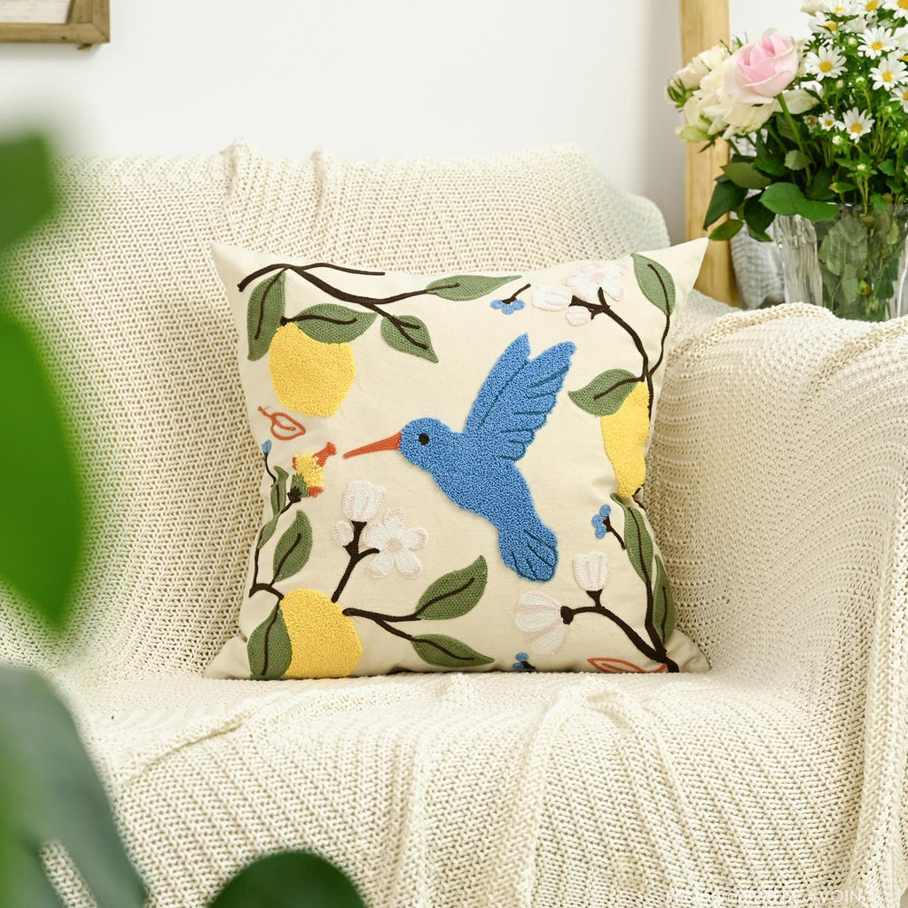 AVOIN colorlife Holiday Floral Embroidered Decorative Throw Pillow Covers Set of 2, 18 x 18 Inch Bird Lemon Flowers Tufted Patterned Linen Cushion Cases for Bedroom Living Room Sofa Couch