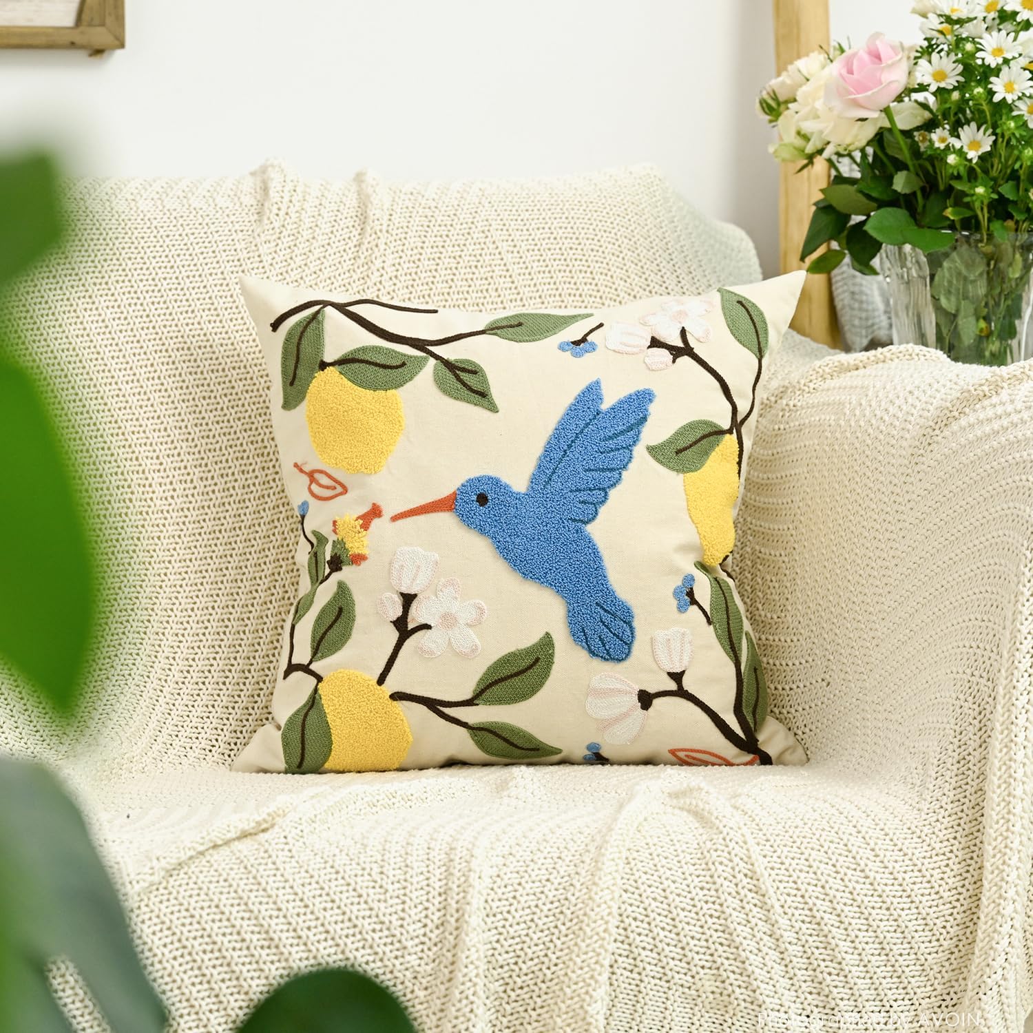 AVOIN colorlife Holiday Floral Embroidered Decorative Throw Pillow Cover, 18 x 18 Inch Bird Lemon Flowers Tufted Patterned Linen Cushion Case for Bedroom Living Room Sofa Couch