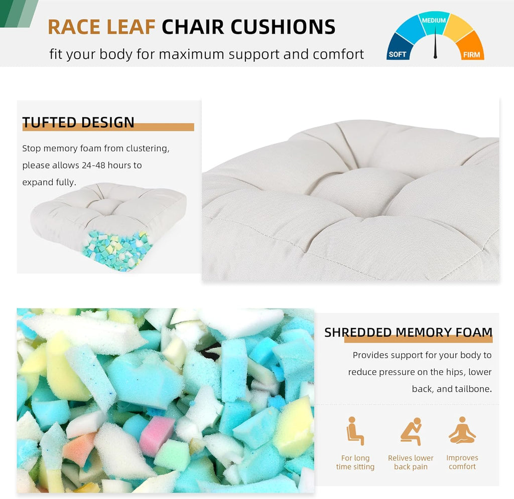 RACE LEAF 19" x 19" Patio Chair Cushions Beige - Outdoor/Indoor Tufted Memory Foam Chair Pads Set of 2, Water-Resistant Olefin Chair Seat Cushion Non-Slip Backing