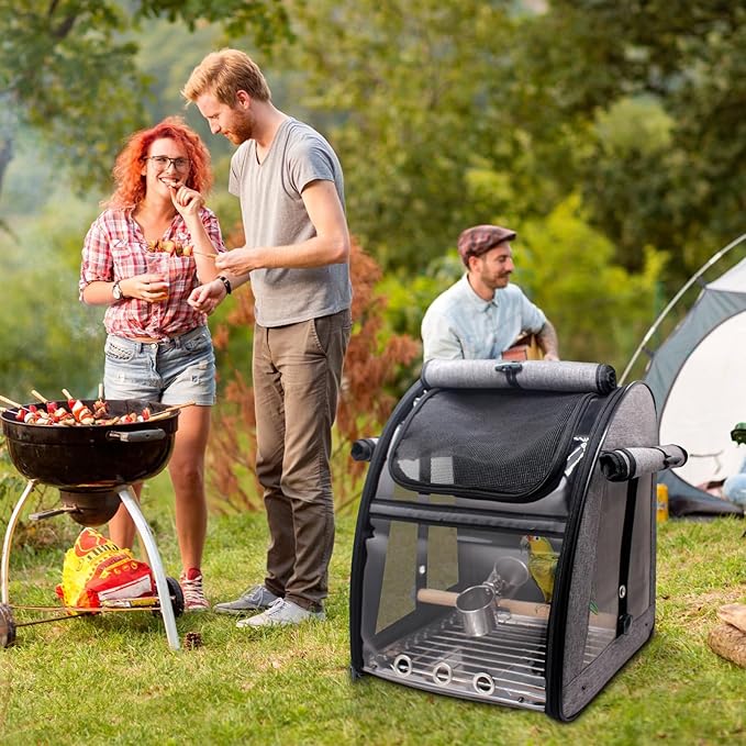 Bird Carrier Bag with Perch, Bird Travel Carrier Backpack with Stainless Steel Plate and Mesh, Portable Transparent Parakeet Travel Cage with Feeder Cups for Small Birds Parakeet Parrot