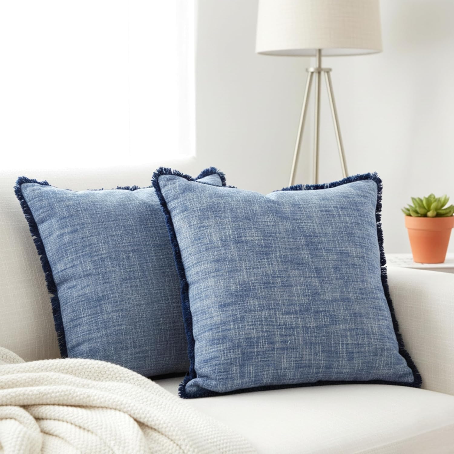 18×18 Blue Textured Cotton Throw Pillow Covers with Decorative Fringe Boho Farmhouse Cushion Cover with Tassels Linen Like Accent Pillowcases for Bed Couch Chair Sofa Living Room, Set of 2