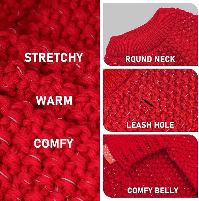 KYEESE Dog Christmas Sweater with Leash Hole for Small Dogs Male Warm Pullover with Reflective Thread Soft Knitwear Boy Dog Clothes Cozy Lightweight Thick Sweater Pet Indoor Outdoor Wear,Red,X-Small