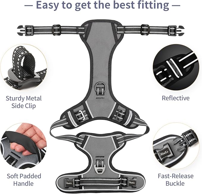 HEELE Dog Harness, No Pull Adjustable Padded Reflective Harness for Small Medium Large Dogs with Handle for Walking Training, Grey, M