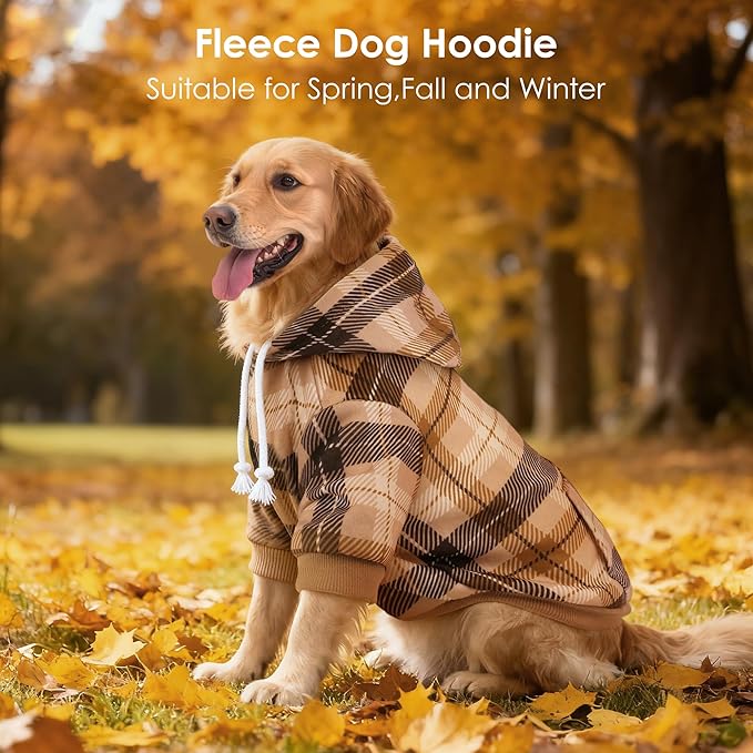 Dog Basic Hoodie Ultra-Soft Plaid Dog Clothes Cold Weather Sweaters for Medium Large Dogs Breathable Cozy Fabric Pet Coat Warm Stylish Sweatshirt with Leash Hole Pocket Dogs Jacket for Cats Boys Girls