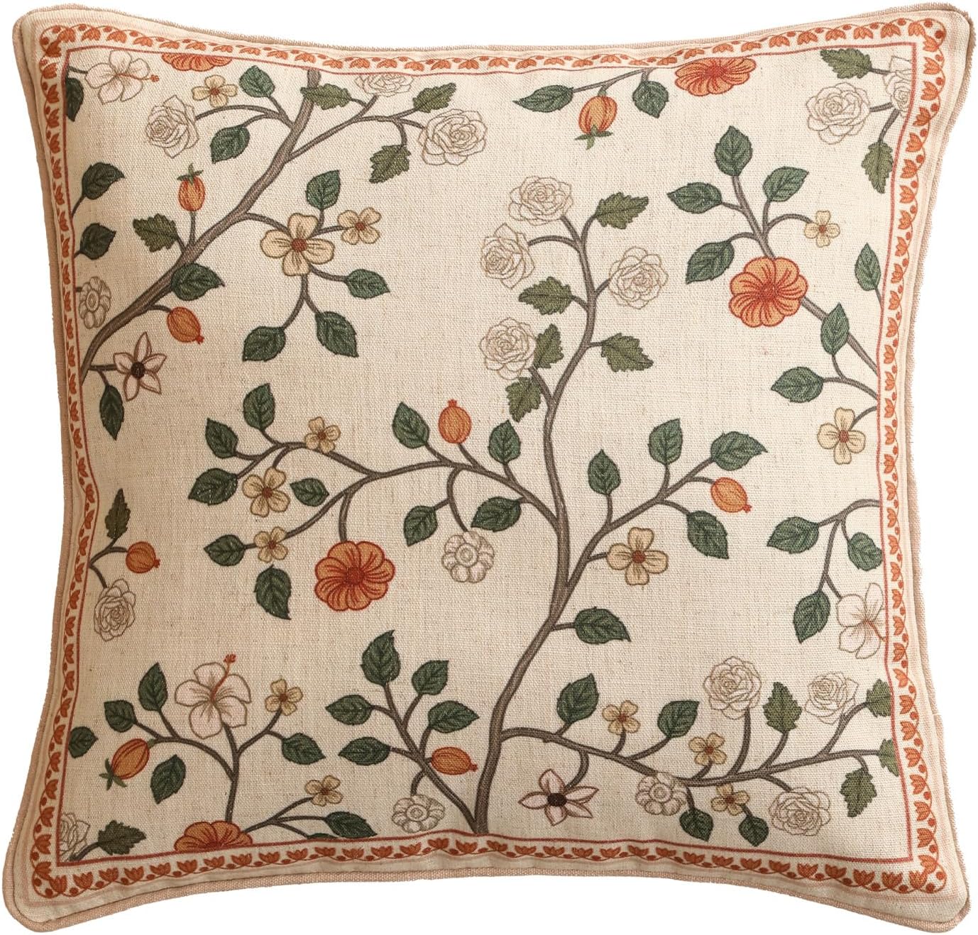 ISAENNE Design Linen Classic Throw Pillow Covers 18"x18", French Farmhouse Square Cushion Covers with Orange White Floral Pattern Decoration Pillowcases for Bed,Living Room,Outdoor,Car