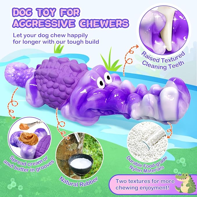 Squeaky Dog Chew Toys for Aggressive Chewers - Tough Crocodile Chew Toy for Small Medium Large Dogs, Dental Cleaning & Anxiety Relief, Boredom Buster (Purple)