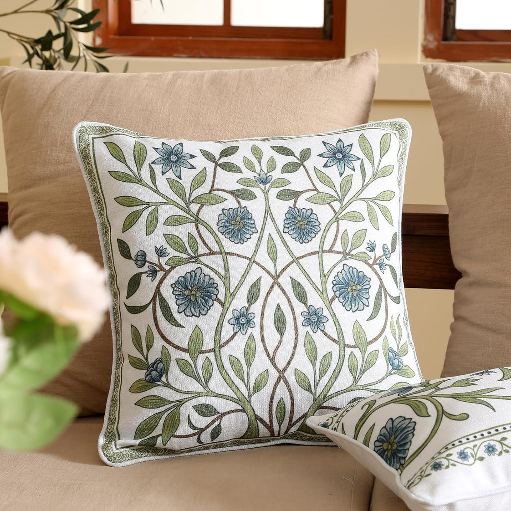 ISAENNE Design Fresh Linen Square Throw Pillow Covers 18"x18", French White Cottage Cushion Covers with Blue Floral Branches Pattern Decor Pillowcases for Bed,Living Room,Outdoor,Car