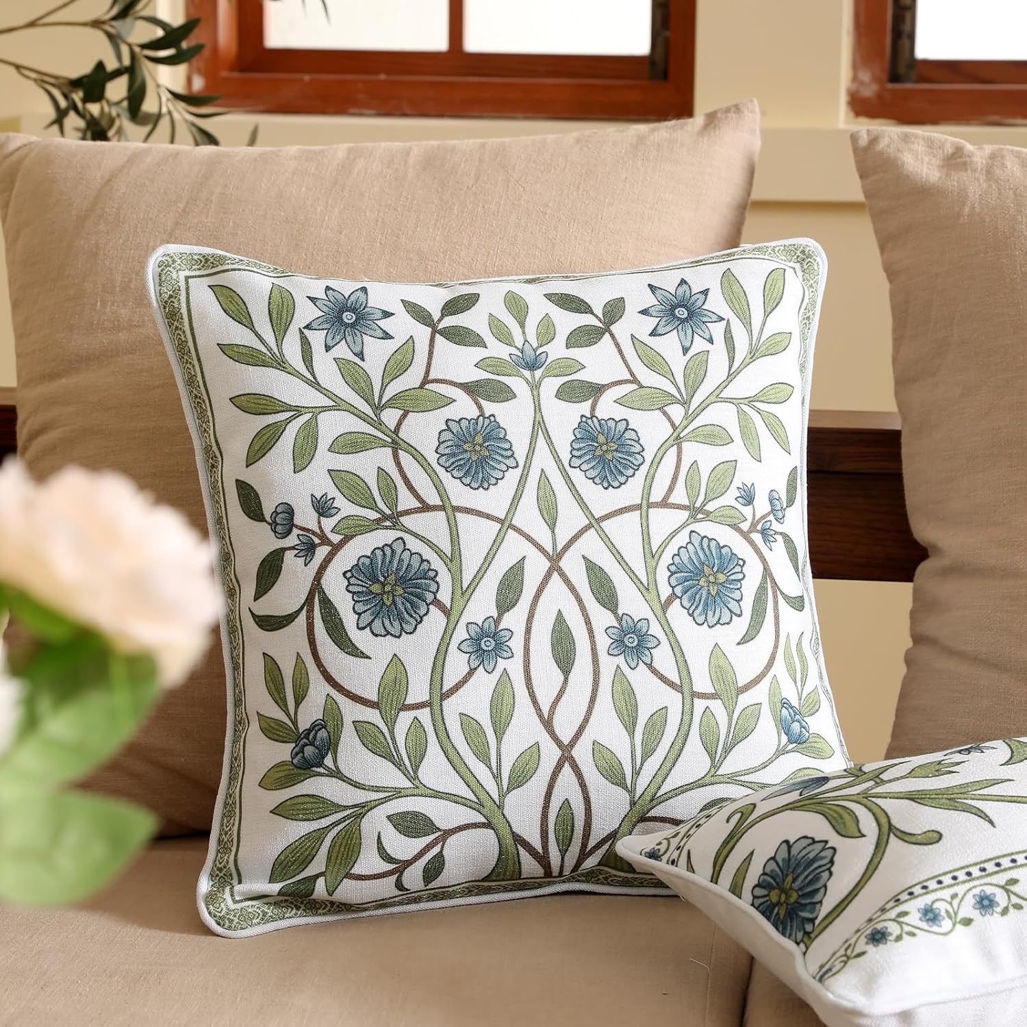 ISAENNE Design Fresh Linen Square Throw Pillow Covers 18"x18", French White Cottage Cushion Covers with Blue Floral Branches Pattern Decor Pillowcases for Bed,Living Room,Outdoor,Car