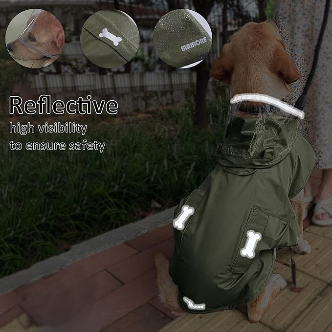 Waterproof Dog Raincoat, Adjustable Reflective Lightweight Pet Rain Clothes with Poncho Hood (Army Green, Small)