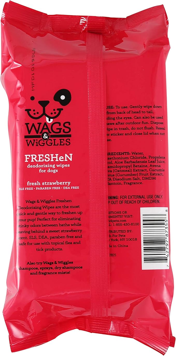 Wags & Wiggles Freshen Deodorizing Wipes for Dogs, Fresh Strawberry Scent - Dog Wipes Eliminate Odors - Easy and Convenient Way to Freshen Your Pet Without A Bath, 100 Count