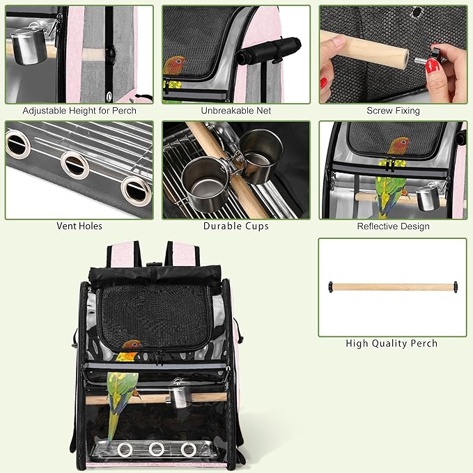 Sanmoncare Bird Carrier Backpack with Stainless Steel Mesh, Parrot Travel Cage with Stand, Easy to Clean, Portable Conures Travel Bag, Pet Breathable Travel Cage
