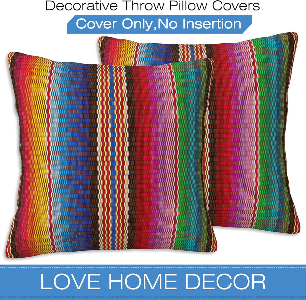 Throw Pillow Covers Blanket Stripes Pillow Covers 18x18 Inch Set of 2 Colorful Mexican Stripes Throw Pillows Decorative Pillow Cases Cushion Covers for Bedroom Livingroom Sofa Farm House