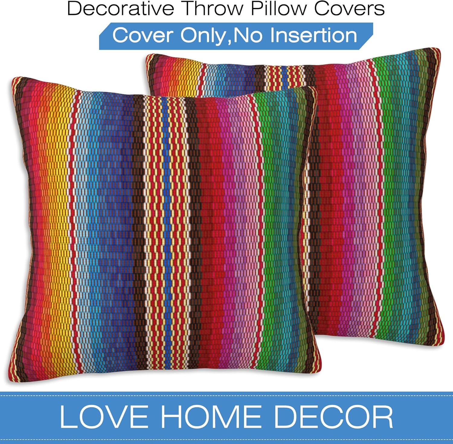 Throw Pillow Covers Blanket Stripes Pillow Covers 18x18 Inch Set of 2 Colorful Mexican Stripes Throw Pillows Decorative Pillow Cases Cushion Covers for Bedroom Livingroom Sofa Farm House