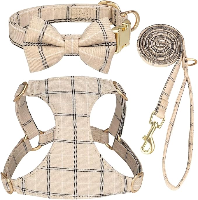 Beirui Cute Extra Small Dog Harness Collar and Leash Set with Bowtie, Soft Adjustable Plaid Puppy Harness for Small Sized Dogs Cats Walks Parties and Photoshoots(Beige,XXS:Chest 12-14")