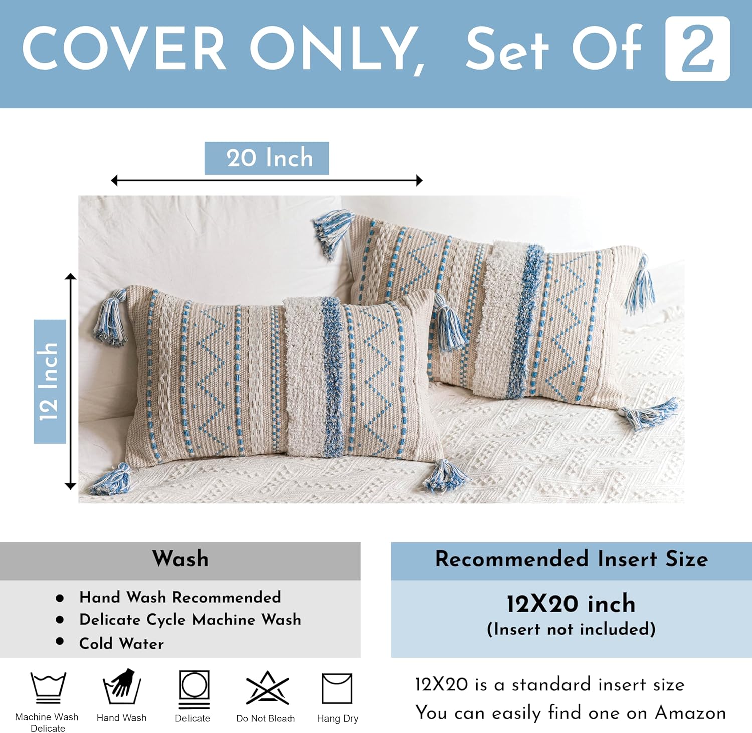 BlissBlush Blue Decorative Lumbar Throw Pillow Cover 12x20 Combo Set of 2 Rectangular Coastal Boho Accent Pillowcase Neutral Farmhouse Cushion for Couch Sofa Bedroom Living Home Décor Cover ONLY