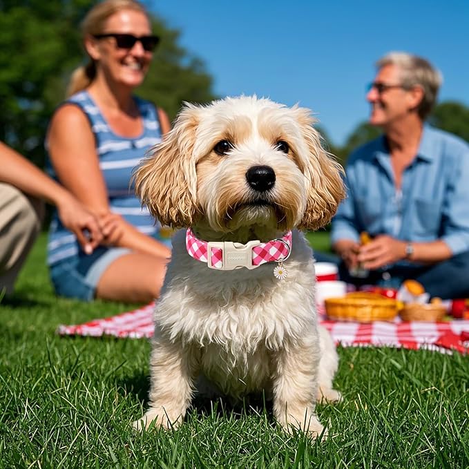DOGWONG Pink Plaid Dog Collar, Pink Dog Collar Adjustable Soft Natural Fabric Girl Pet Dog Collars Cute Puppy Necklace for Small Medium Large Dogs