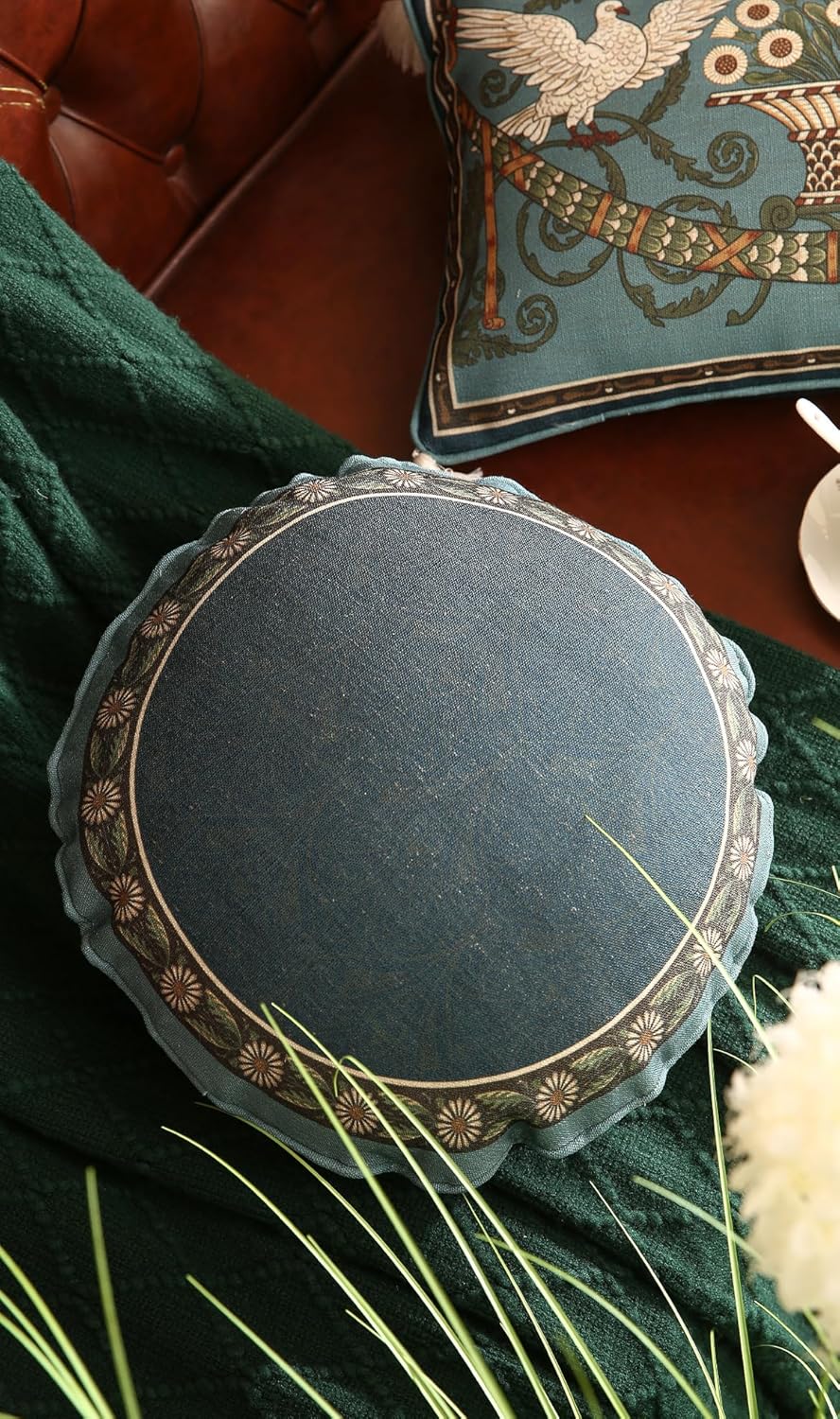 Green Throw Pillow Covers Set of 2,French Farmhouse with White Birds and Flowers Pattern Linen Pillowcases,Decorative Round Pillows Cushion Covers for Couch Sofa Bed Chair,Diameter 16"