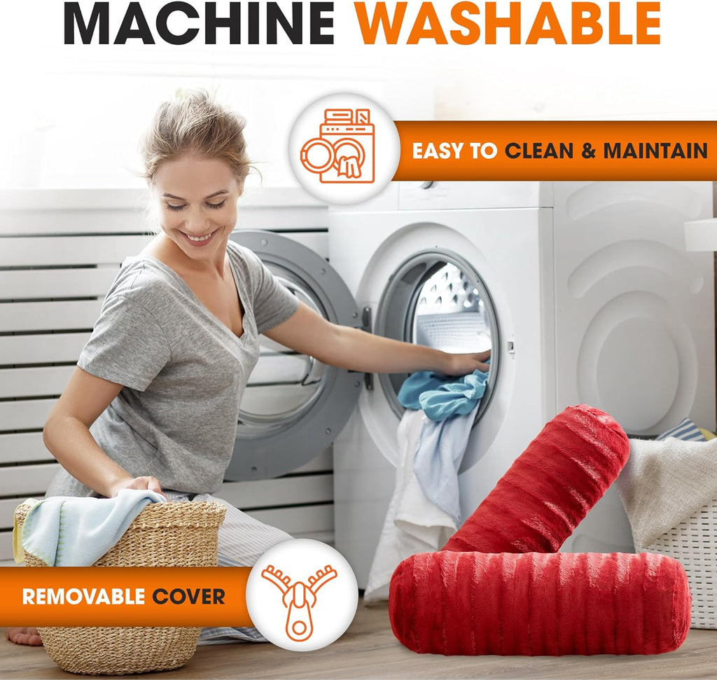 Cheer Collection Faux Fur Bolster Pillows – Soft Decorative Cylinder Pillows for Bed or Couch, Machine Washable – 8” x 24”, Set of 2, Maroon