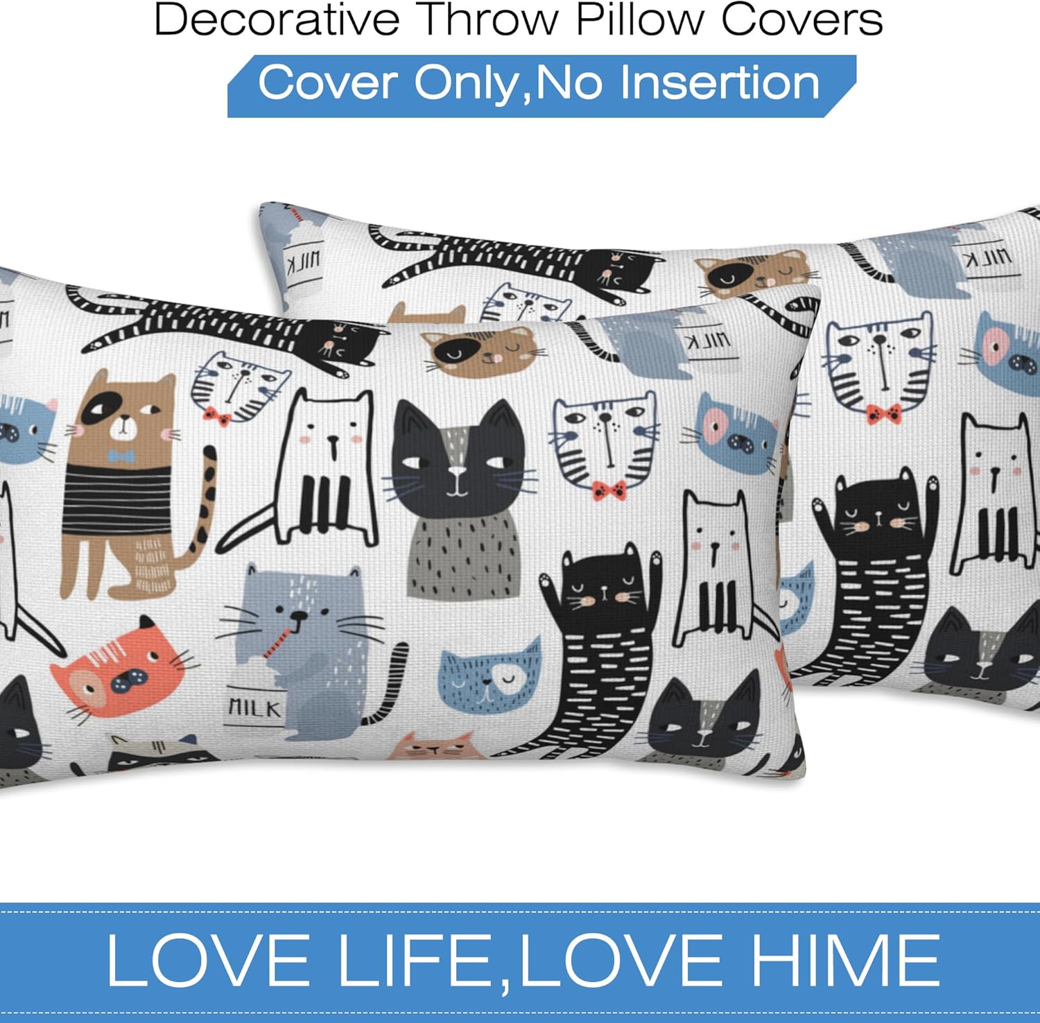 Throw Pillow Cover Case Funny Cats Pillow Covers 20x12 Inch Set of 2,Soft Decorative Throw Pillow Case for Living Room Bedroom Sofa Couch Cushion Covers