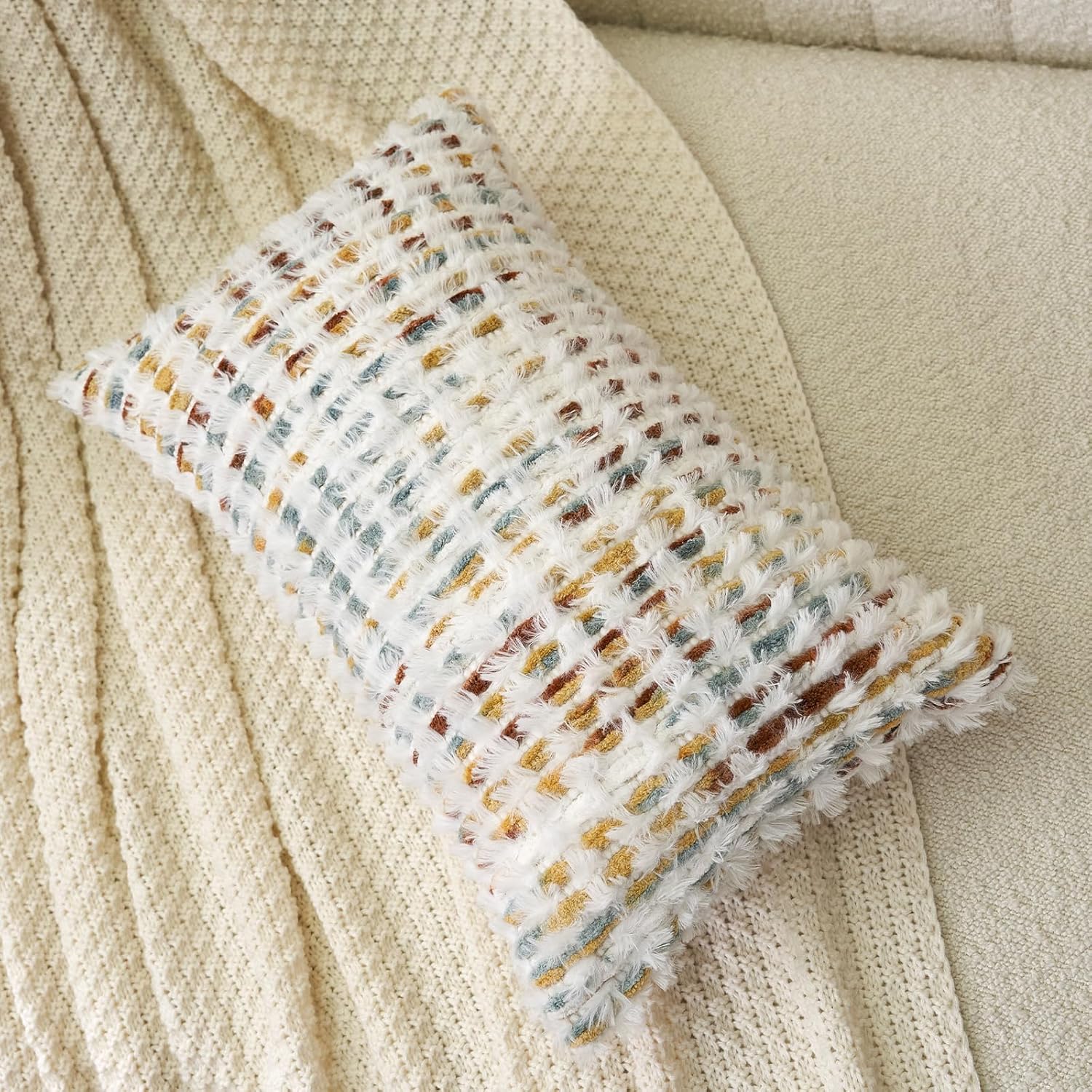 Aeckself Boho Chenille Tufted Pillow Cover 12 x 20 Inch, Rectangle Decorative Lumbar Throw Pillow Cover Neutral Pillowcase for Couch Bedroom Living Room, Orange White