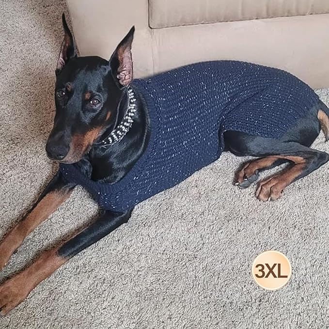 KYEESE Dog Sweater for Large Dogs with Leash Hole Warm Pullover with Reflective Yarn Male Thick Stretchy Knitwear Winter Soft Pet Coat boy for Cold Weather Comfy Dog Sweaters, Navy Blue, XXX-Large